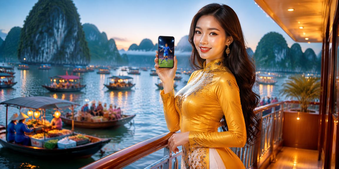 Người phụ nữ mặc áo dài đặt cược thể thao trực tuyến với phong cảnh vịnh Hạ Long phía sau