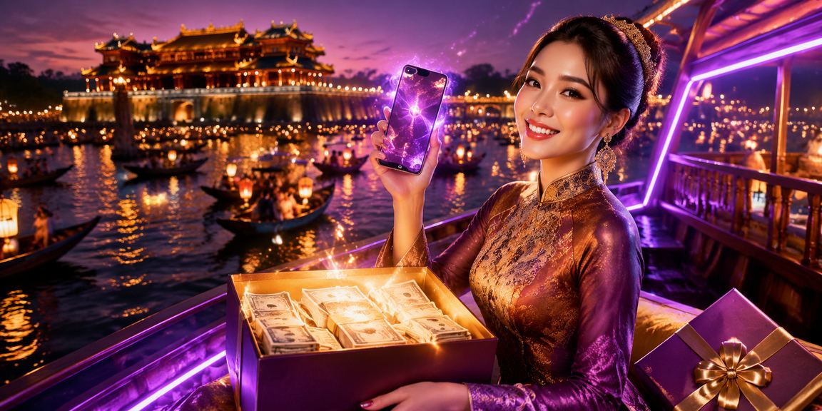 Giao diện casino mobile neon sôi động tại thành phố Huế ban đêm